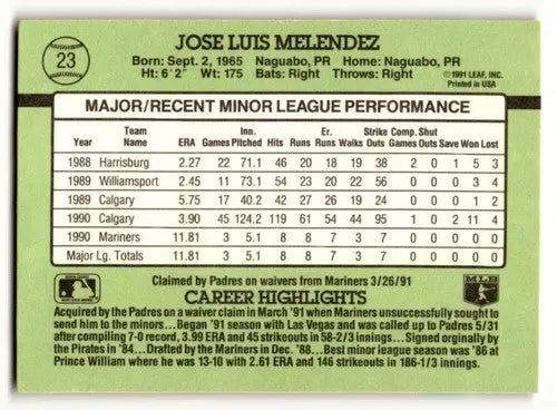 Jose Melendez San Diego Padres baseball card from 1991 Donruss The Rookies series