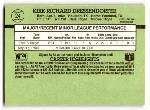 Baseball card back featuring Kirk Dressendorfer with original gloss for Oakland Athletics
