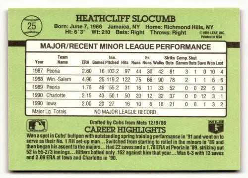 Heathcliff Slocumb baseball card back from 1991 Donruss The Rookies with original gloss