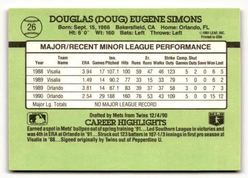 1991 Donruss The Rookies #26 Doug Simons NrMt-Mt ID:50925 - Baseball Card Single