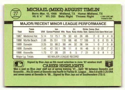 Michael Timlin baseball card from 1991 Donruss The Rookies with original gloss