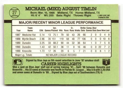 1991 Donruss The Rookies #27 Mike Timlin Toronto Blue Jays Baseball ID:52412 - Baseball Card Single