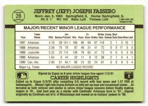 Baseball card back showing original gloss for Jeff Fassero, 1991 Donruss The Rookies NrMt-Mt