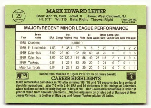 Original gloss Mark Leiter baseball card from 1991 Donruss The Rookies #29 NRMT-MT