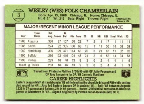 1991 Donruss The Rookies #3 Wes Chamberlain NrMt-Mt ID:50903 - Baseball Card Single