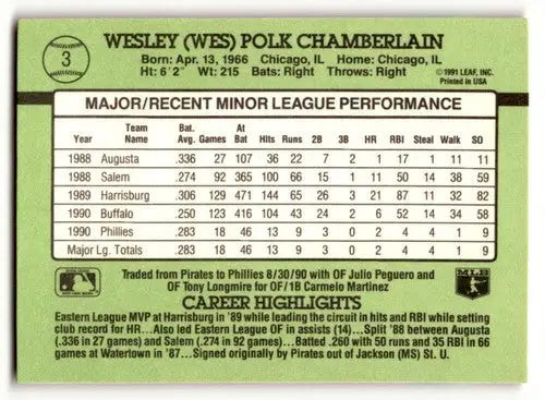 1991 Donruss The Rookies #3 Wes Chamberlain Philadelphia Phillies Ba ID:52434 - Baseball Card Single