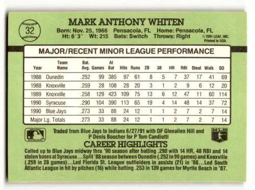 Original gloss of Mark Whiten Cleveland Indians baseball card from 1991 Donruss The Rookies