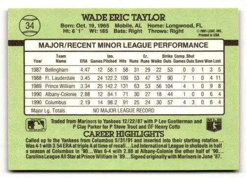 Wade Taylor 1991 Donruss The Rookies baseball card with original gloss Yankees baseball