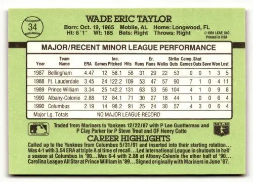 Baseball card back of Wade Taylor from 1991 Donruss The Rookies with original gloss