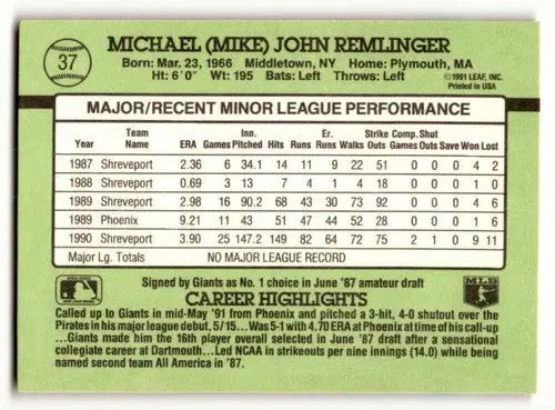 1991 Donruss The Rookies #37 Mike Remlinger San Francisco Giants Bas ID:52445 - Baseball Card Single