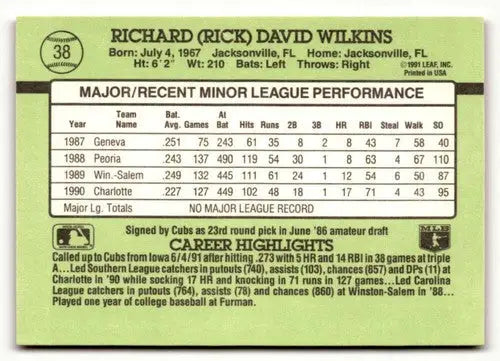 1991 Donruss The Rookies Rick Wilkins baseball card back with original gloss and simple Sandoval detail