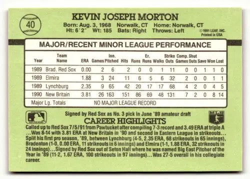 Original gloss Kevin Morton baseball card from 1991 Donruss The Rookies NRMT-MT