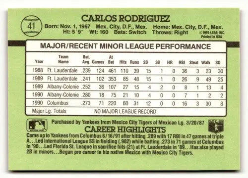 Original gloss Carlos Rodriguez baseball card from 1991 Donruss The Rookies NRMT-MT