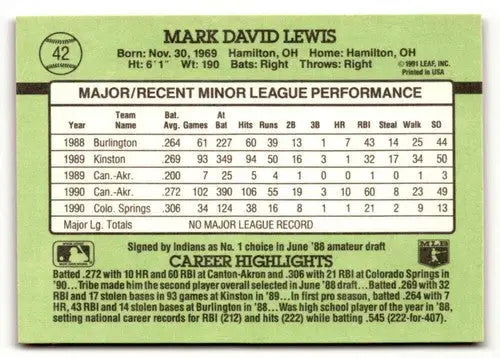 Original gloss Mark Lewis Cleveland baseball card from 1991 Donruss The Rookies