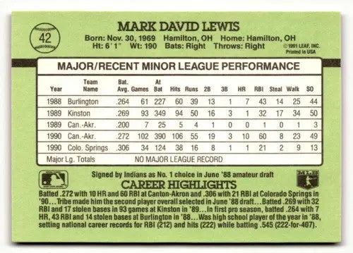1991 Donruss The Rookies Mark Lewis baseball card back with original gloss