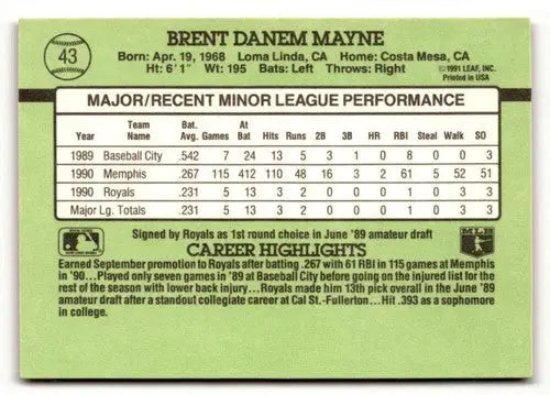 Baseball card back featuring Brent Mayne Kansas City Royals 1991 Donruss The Rookies