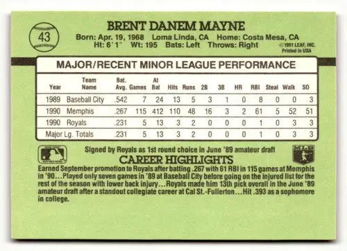 1991 Donruss The Rookies #43 Brent Mayne NrMt-Mt ID:50940 - Baseball Card Single