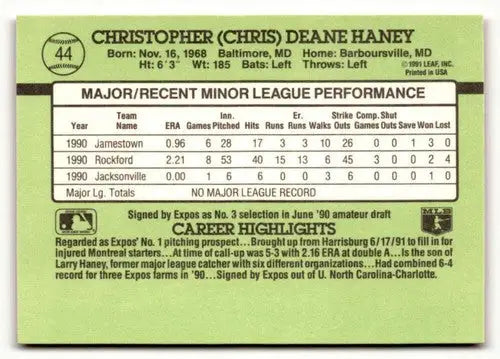 Baseball card back showing Chris Haney from 1991 Donruss The Rookies with original gloss