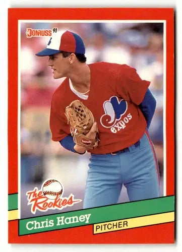 Baseball card of Chris Haney with original gloss, 1991 Donruss The Rookies NRMT-MT