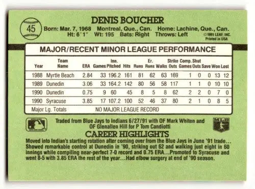 Original gloss of Denis Boucher baseball card back from 1991 Donruss Cleveland Indians
