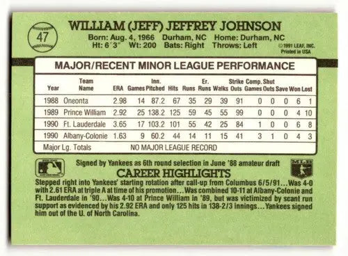 1991 Donruss The Rookies #47 Jeff Johnson New York Yankees Baseball ID:52451 - Baseball Card Single