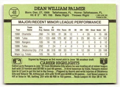 1991 Donruss The Rookies #48 Dean Palmer NrMt-Mt ID:50945 - Baseball Card Single