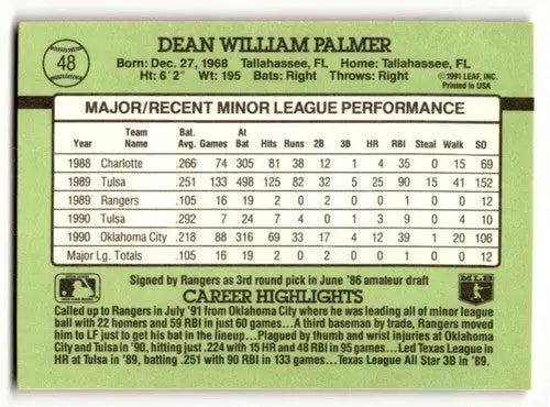 1991 Donruss The Rookies #48 Dean Palmer Texas Rangers Baseball Card ID:52452 - Baseball Card Single