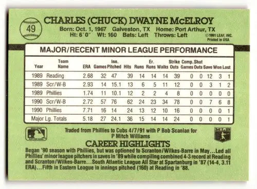 1991 Donruss The Rookies #49 Chuck McElroy Chicago Cubs Baseball Car ID:52453 - Baseball Card Single