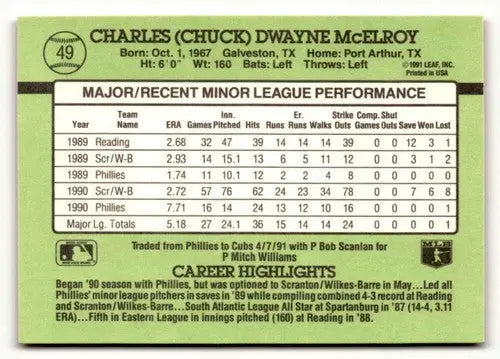 Baseball card back featuring Chuck McElroy from 1991 Donruss The Rookies with original gloss