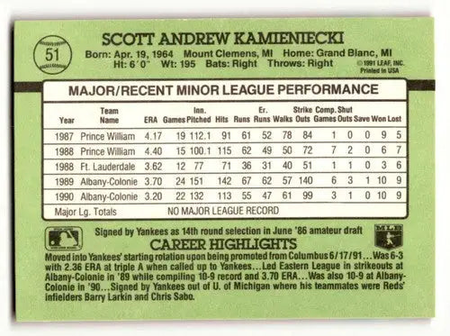 1991 Donruss The Rookies #51 Scott Kamieniecki New York Yankees Base ID:52454 - Baseball Card Single