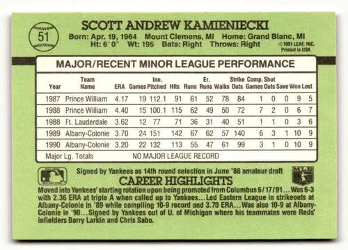Scott Kamieniecki baseball card with original gloss from 1991 Donruss The Rookies
