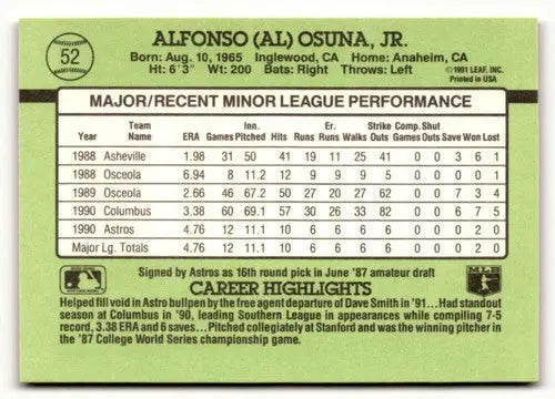 Alfonso Osuna baseball card from 1991 Donruss The Rookies with original gloss
