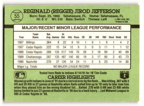 1991 Donruss The Rookies #55 Reggie Jefferson Cleveland Indians Base ID:52424 - Baseball Card Single
