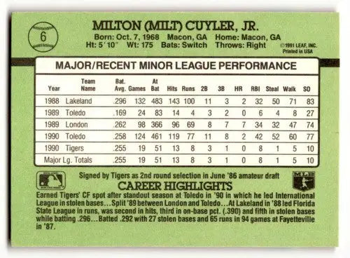 Original gloss Milt Cuyler Detroit Tigers baseball card from 1991 Donruss The Rookies