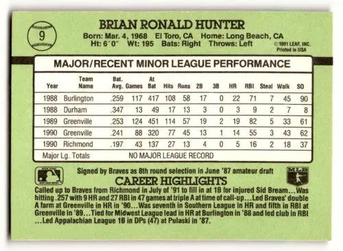 1991 Donruss The Rookies #9 Brian Hunter Atlanta Braves Baseball Car ID:52438 - Baseball Card Single