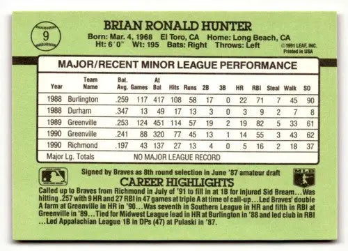 1991 Donruss The Rookies #9 Brian Hunter NrMt-Mt ID:50909 - Baseball Card Single