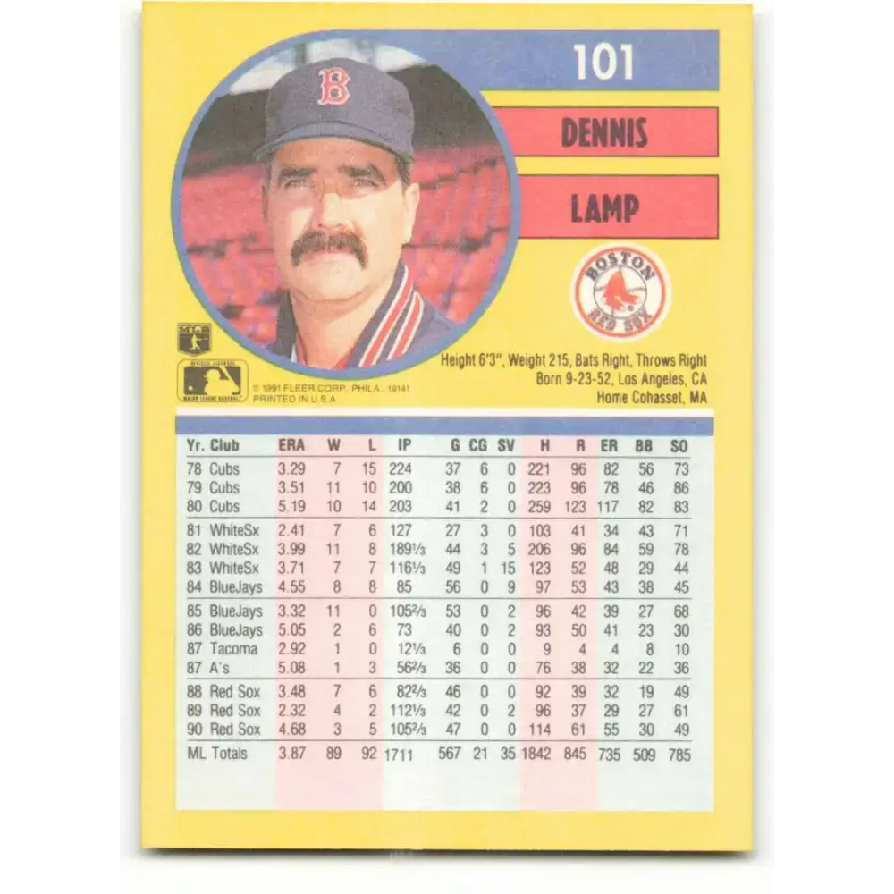 1991 Fleer #101 Dennis Lamp NM-MT Boston Red Sox Baseball Card - Baseball Card Single