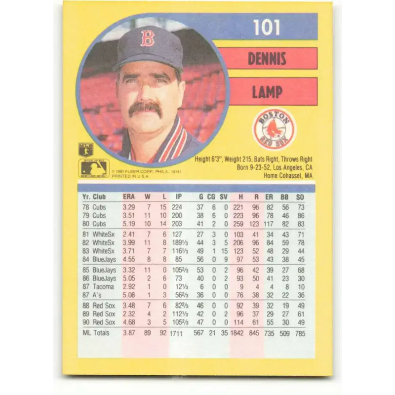1991 Fleer #101 Dennis Lamp NM-MT Boston Red Sox Baseball Card - Baseball Card Single