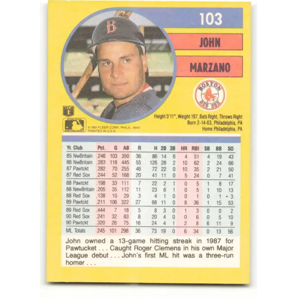 1991 Fleer #103 John Marzano NM-MT Boston Red Sox Baseball Card - Baseball Card Single
