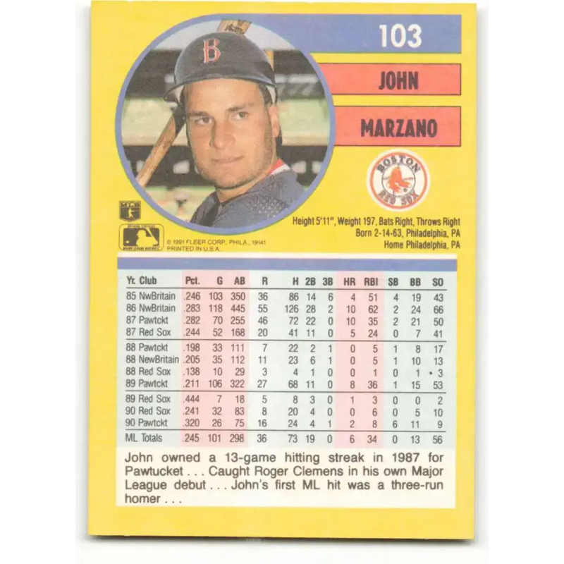1991 Fleer #103 John Marzano NM-MT Boston Red Sox Baseball Card - Baseball Card Single
