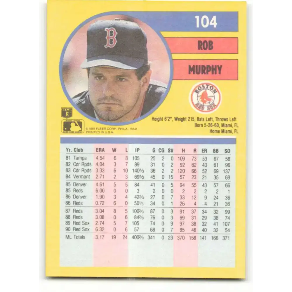 1991 Fleer #104 Rob Murphy NM-MT Boston Red Sox Baseball Card - Baseball Card Single