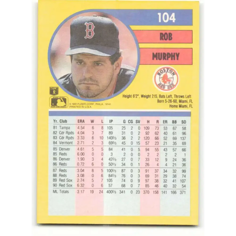1991 Fleer #104 Rob Murphy NM-MT Boston Red Sox Baseball Card - Baseball Card Single
