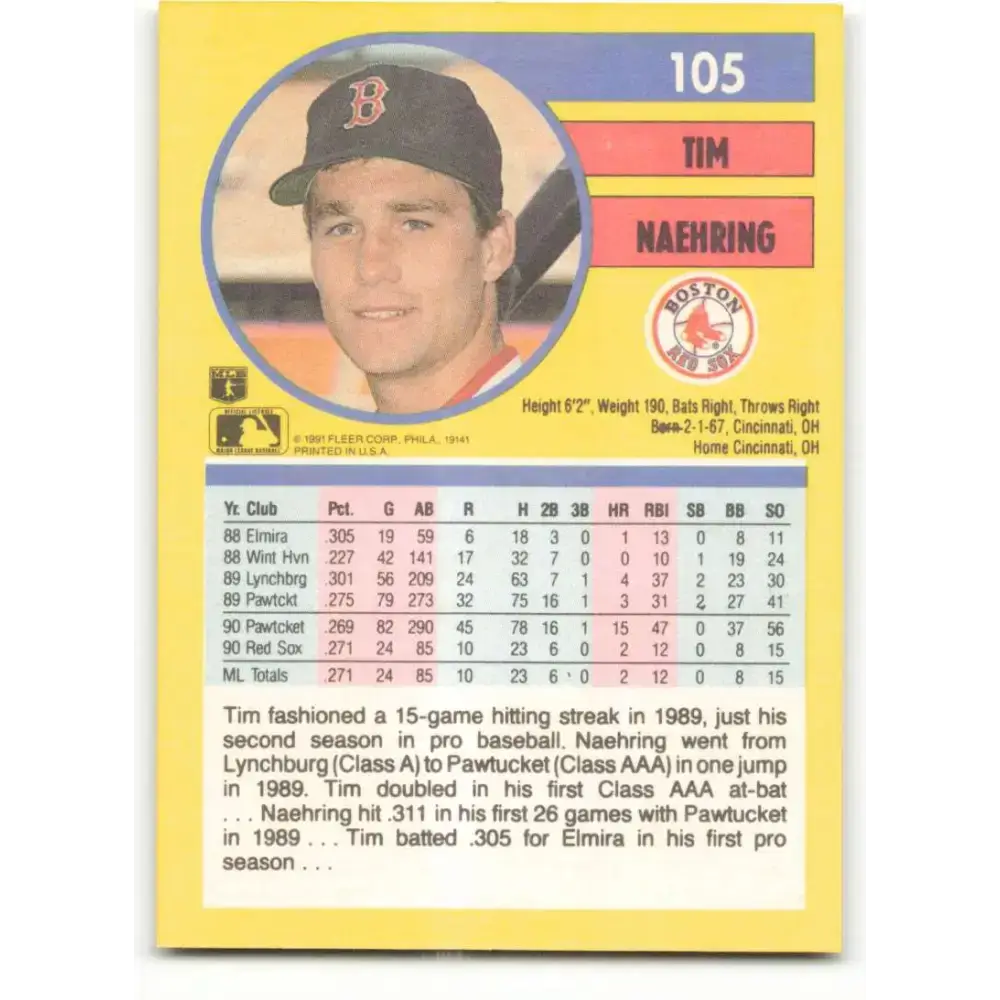 1991 Fleer #105 Tim Naehring NM-MT Boston Red Sox Baseball Card - Baseball Card Single