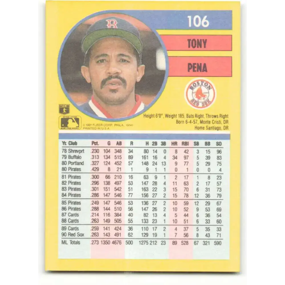 1991 Fleer #106 Tony Pena NM-MT Boston Red Sox Baseball Card - Baseball Card Single