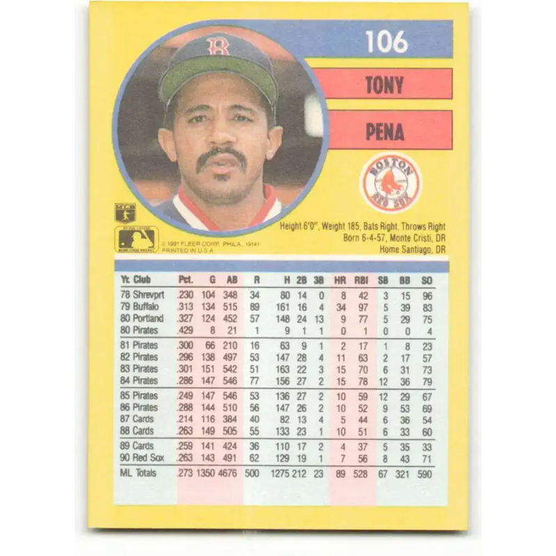 1991 Fleer #106 Tony Pena NM-MT Boston Red Sox Baseball Card - Baseball Card Single