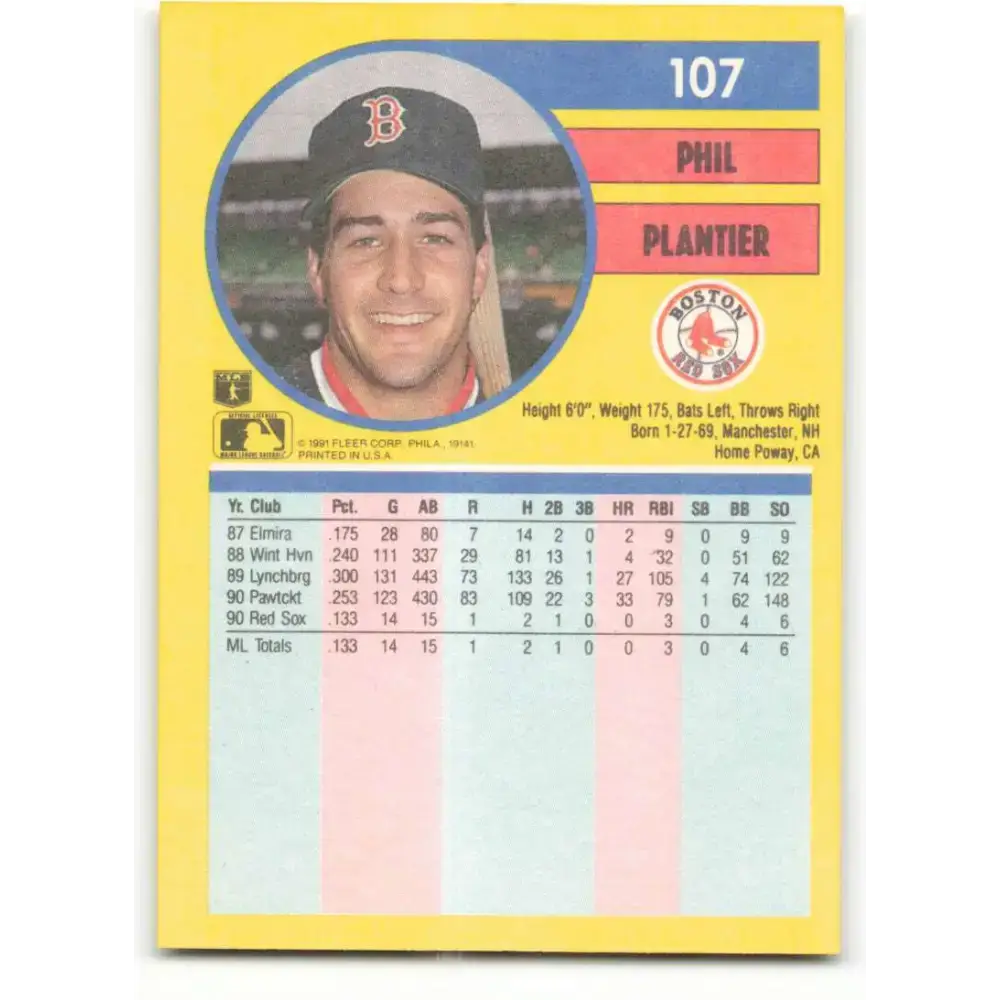 1991 Fleer #107 Phil Plantier NM-MT RC Rookie Boston Red Sox Baseball Card - Baseball Card Single