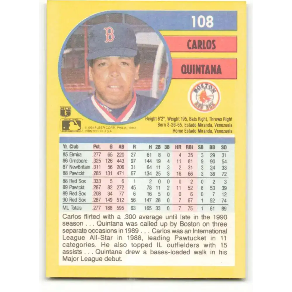1991 Fleer #108 Carlos Quintana NM-MT Boston Red Sox Baseball Card - Baseball Card Single