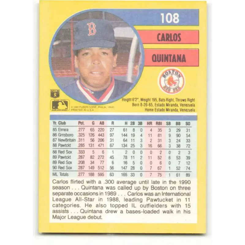 1991 Fleer #108 Carlos Quintana NM-MT Boston Red Sox Baseball Card - Baseball Card Single