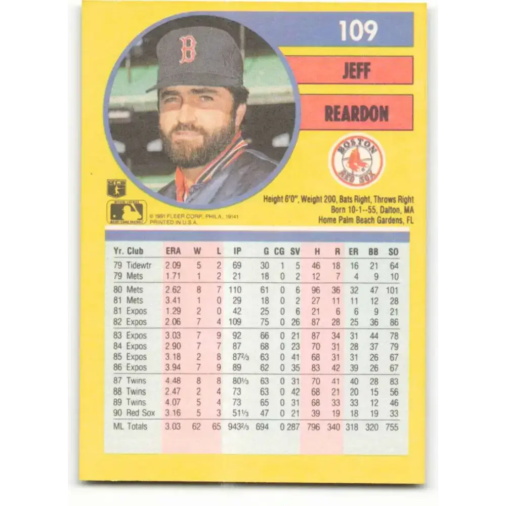 1991 Fleer #109 Jeff Reardon NM-MT Boston Red Sox Baseball Card - Baseball Card Single