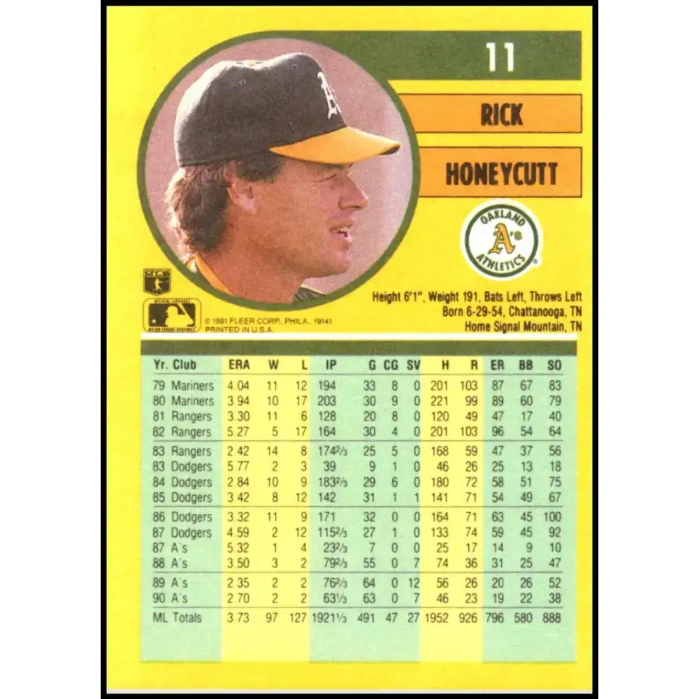 1991 Fleer #11 Rick Honeycutt NM-MT Oakland Athletics Baseball Card - Baseball Card Single
